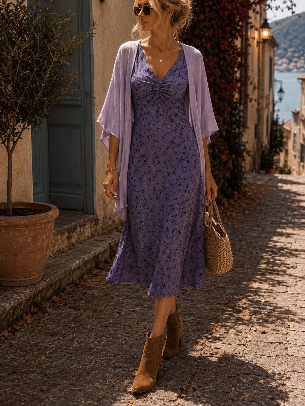 S.C & Co. Purple Satin Floral Midi Dress